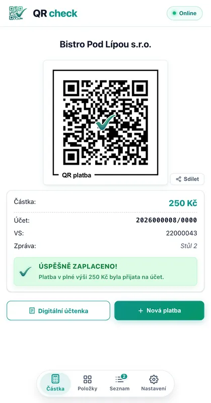 ⚡ Pokladna a bleskové ověření QR platby